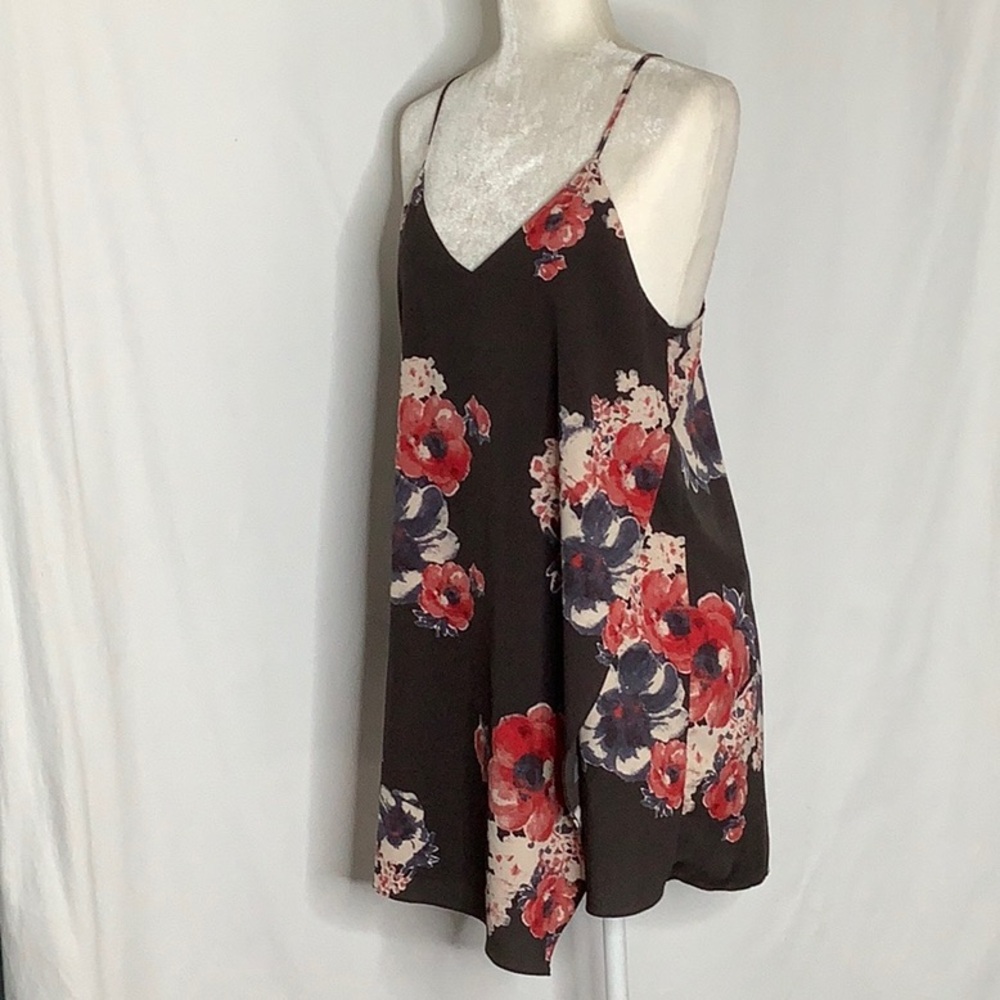 Free People Brown Floral Mini Dress with Red and Navy Blooms